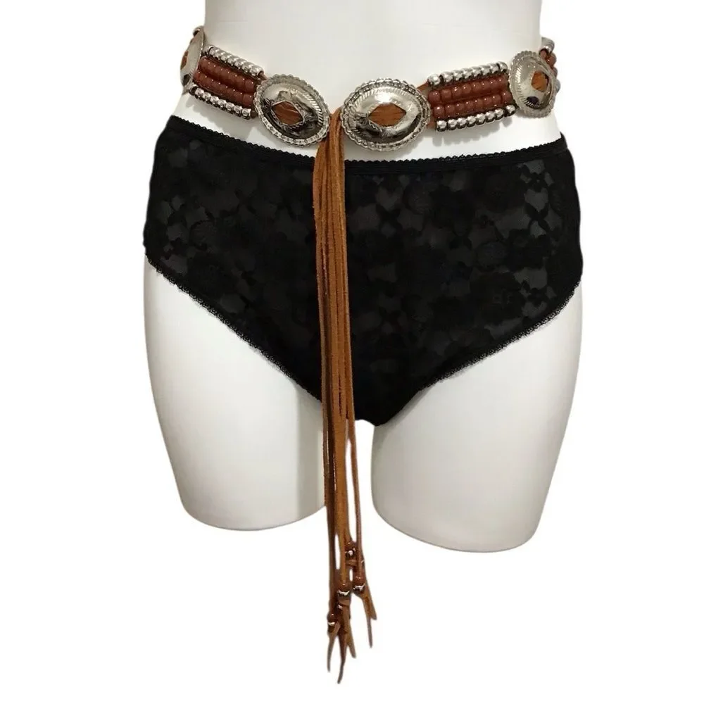 Brown Suede Leather Concho Self Tie Belt